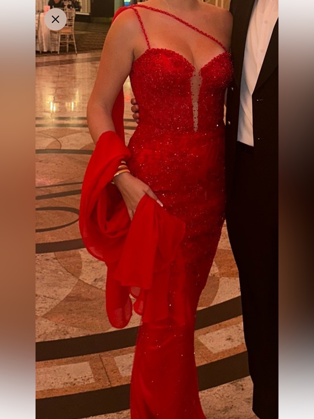 Red Beaded Evening Gown with Shawl